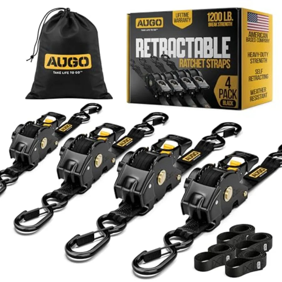 Retractable Ratchet Straps 2 Heavy Duty Ratchet Straps Self Retractable Tie Downs with Soft Loops and Storage Bag for Motorcycl