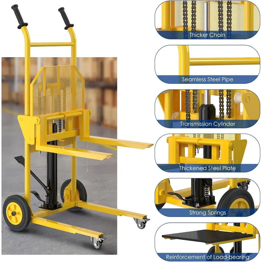Hydraulic Material Lit,550lbs Lit Dolly,Upgraded Pallet Lit,37.4” Max Lit with ront Unil Wheels and 9" Polyurethane Wheels, 18.5