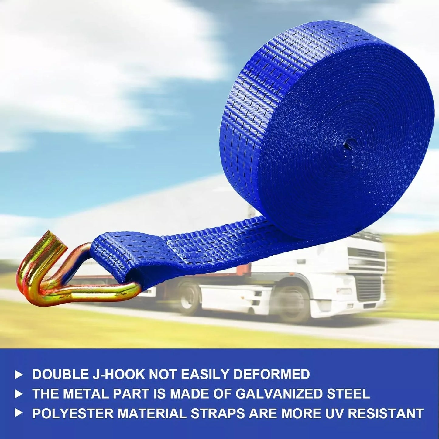 9m X 50mm Double J Hook Ratchet Straps (11,000 lbs Break Strength), Heavy Duty Tie Down Straps for Trucks, Motorcycle, 4Pcs
