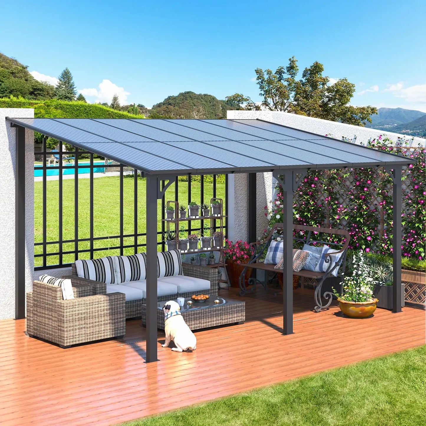 14x10 Hard Top Lean-to Gazebo Pergola with Wall-Mounted Steel Roof 140sqft Shade for Patio Deck Backyard Customized