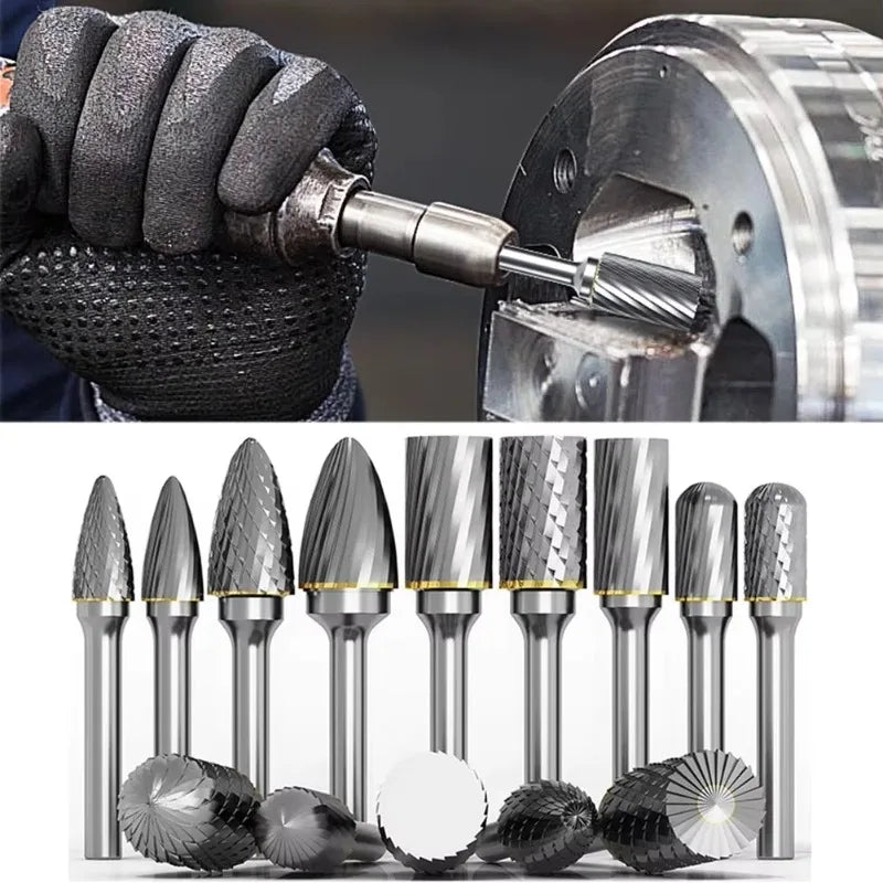10Pcs 1/8" Shank Tungsten Carbide Milling Cutter Rotary Tool Burr Diamond Cut Rotary Drill Bit for Metalworking Polishing Tools