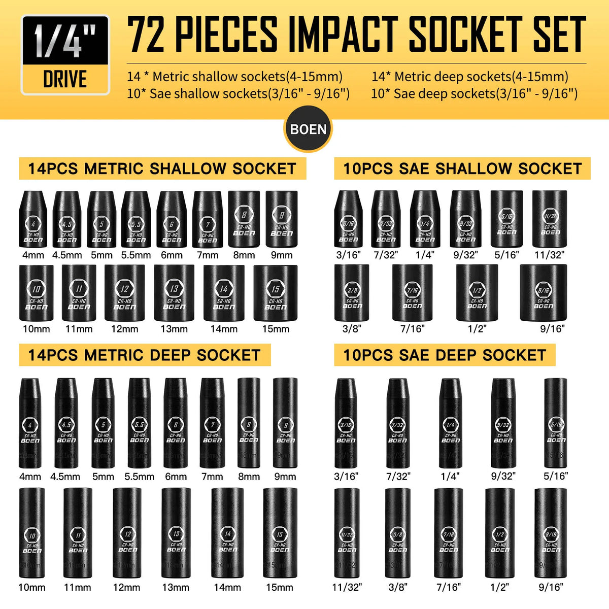 BOEN 72pc 1/4" Drive Impact Socket Set, SAE 3/16"-9/16" & Metric 4-15mm, Cr-Mo, w/Deep, Shallow, Swivel, Ext, Adapters & Univers