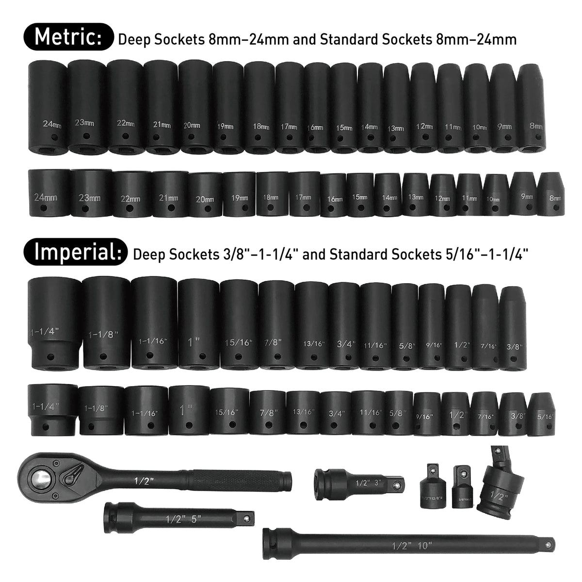 70PCs 1/2" Drive Impact Socket Set Socket Set SAE (5/16" -1-1/4")& Metric (8-24mm) 6 Point Cr-V Alloy Steel Auto Repair