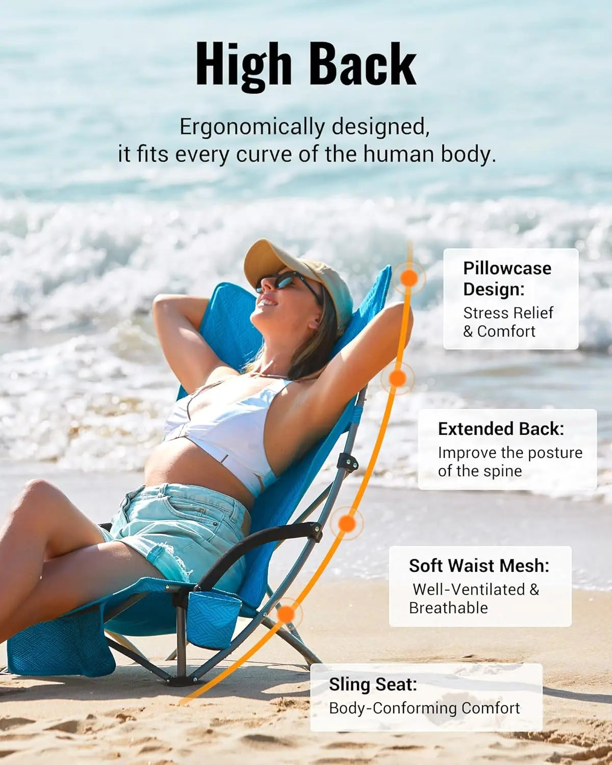 Low Beach Chair, High Back Folding Camping Chair for Adults, Oversized Breathable Mesh Seat, 300lbs Heavy Duty Portable Chair wi