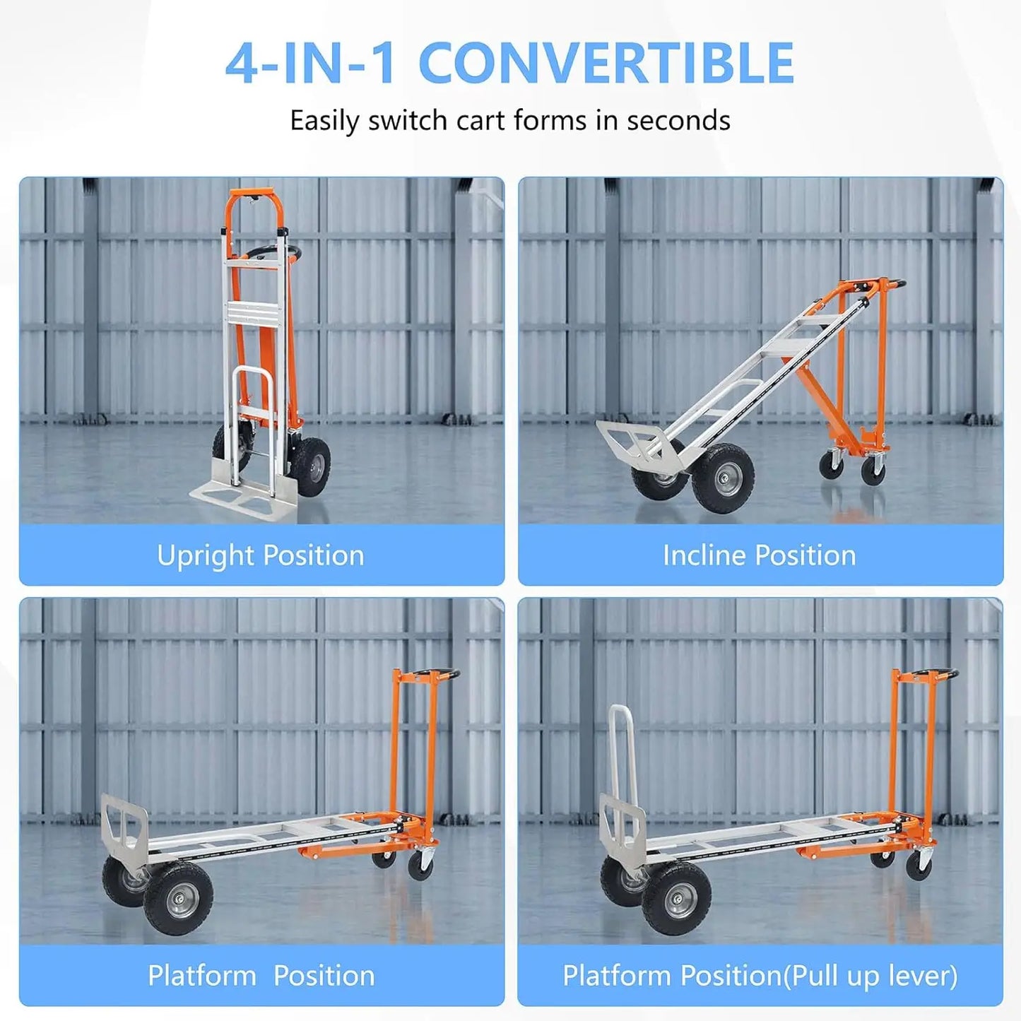 4 in 1 Convertible Hand Truck Folding Hand Truck Dolly Cart with Solid Wheel 1000LBS Heavy Duty Aluminum Hand Dolly