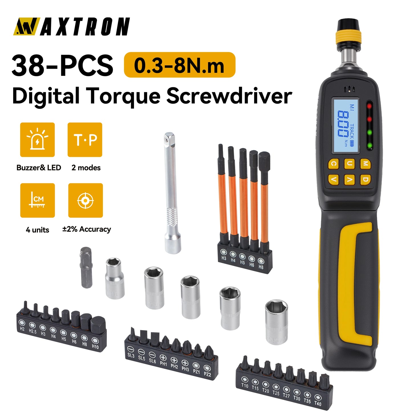 Digital Torque Screwdriver Kit 2.6-70.8 in-lbs Adjustable Torque Screwdriver 1/4" Drive 38PCS Bits & Sockets Set For Bike