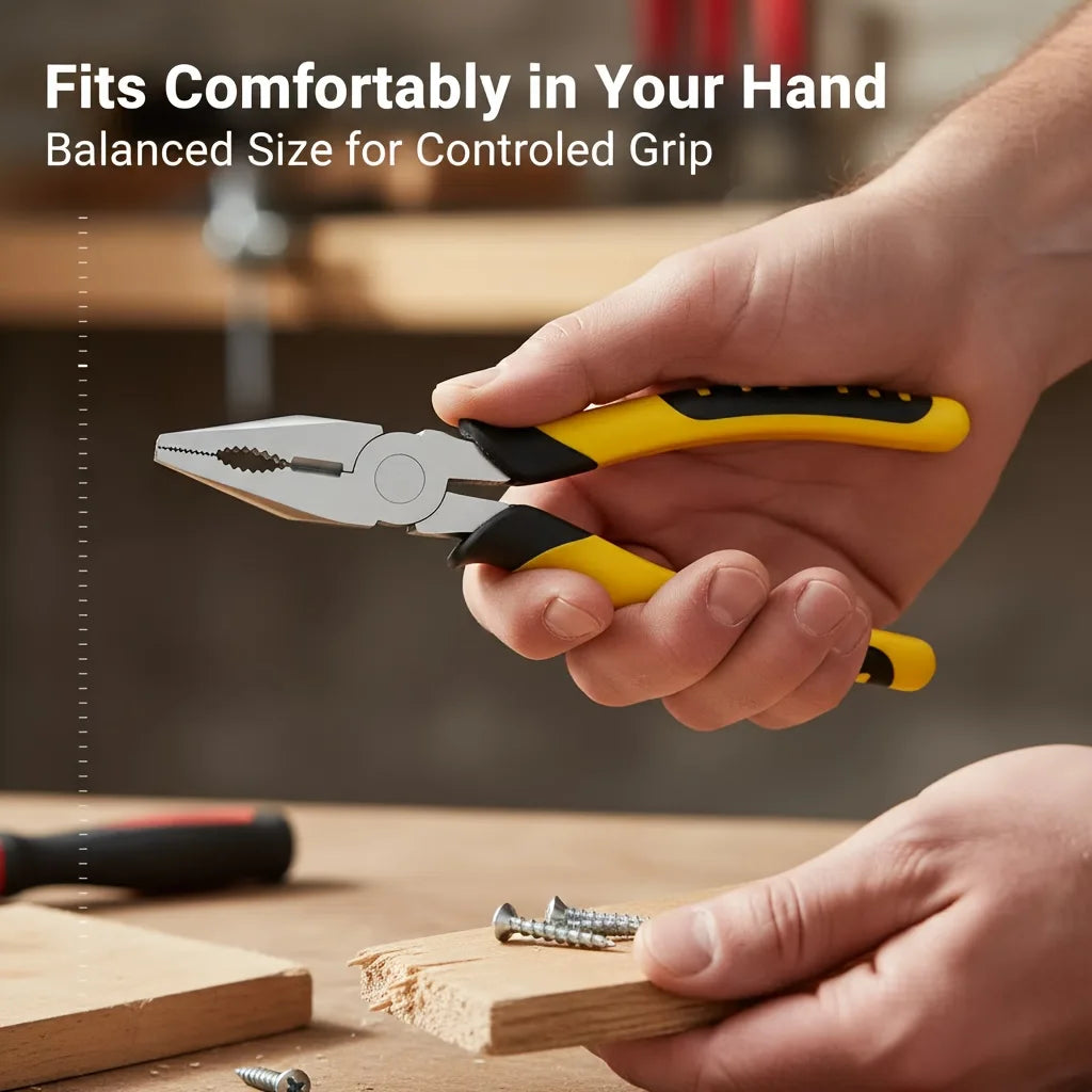 Set of 3 Pliers, 8 Inches Each, Designed for Industrial Use. These Versatile Tools Include Wire Cutters, Needle-Nose Pliers, And