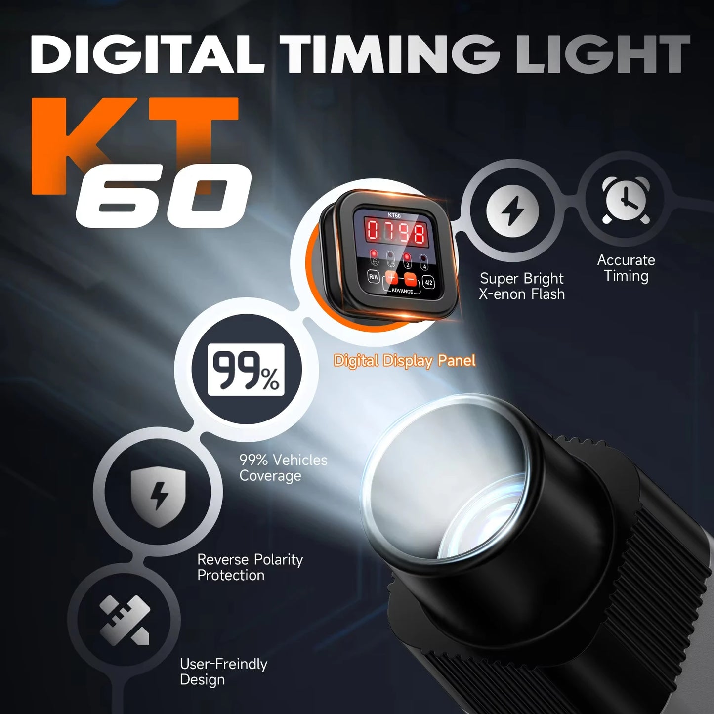 KZYEE KT60 Car Digital 2&4 Stroke Petrol Engine Timing Light 12V Auto Ignition Timing Light Inductive Strobe Lamp Detector