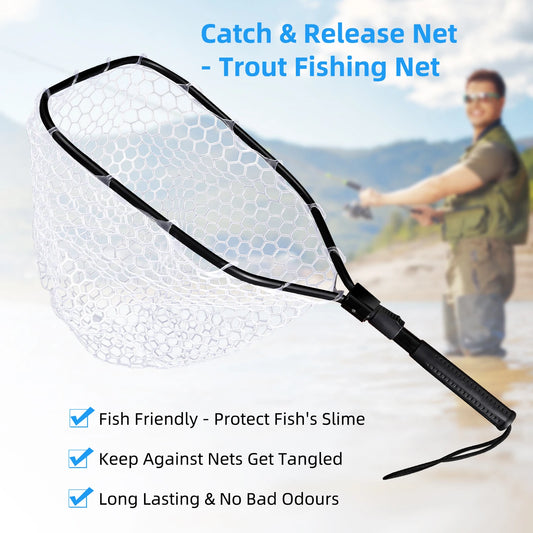 Foldable Fishing Net For Trout Soft Rubber Fishing Net With Handle Fly Fishing Landing Net For Easy Catch Release, Lightweight