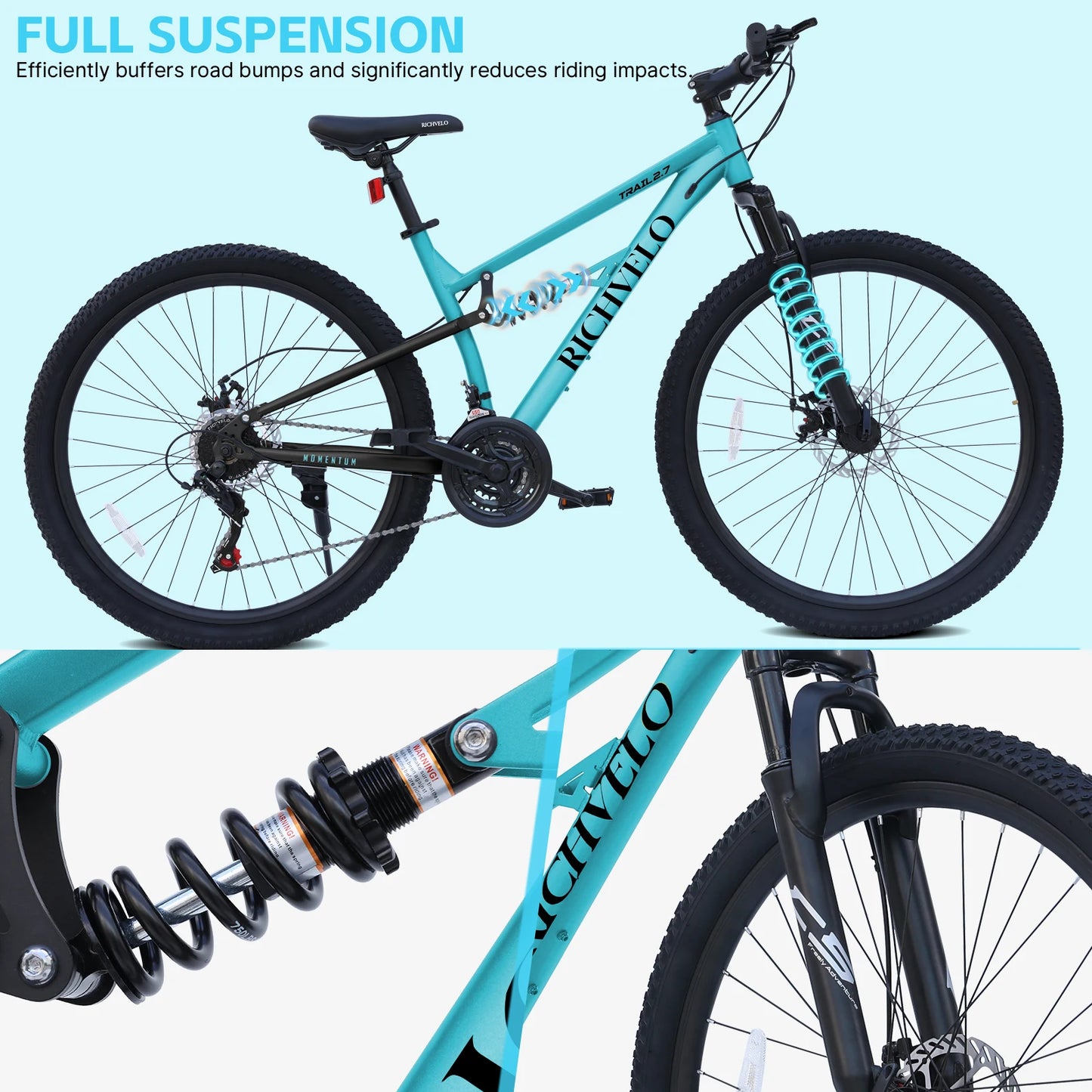 24/26 Inch Mountain Bike, Full Suspension 21-Speed Mountain Bicycle with Dual Disc Brakes, Carbon Steel Frame MTB Bike for Teenagers Adult Men Women