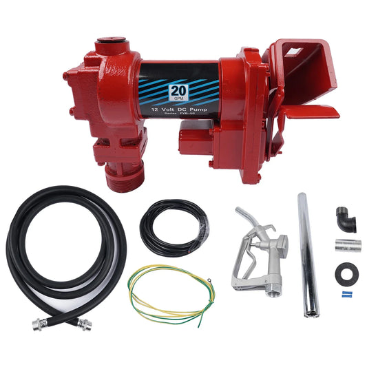 AP03 20GPM 12V High-Flow Red Fuel Transfer Pump w/ Nozzle Kit & Discharge Hose for Transfer of Gasoline Diesel Kerosene Ethanol