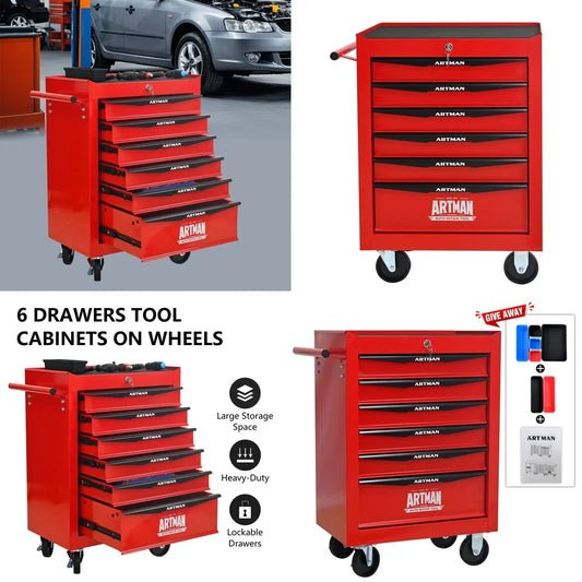 Tool Box20 Inch Rolling Tool Chest with 6 Smooth Ball Bearing Drawers Heavy Duty Steel Storage Cabinet Red