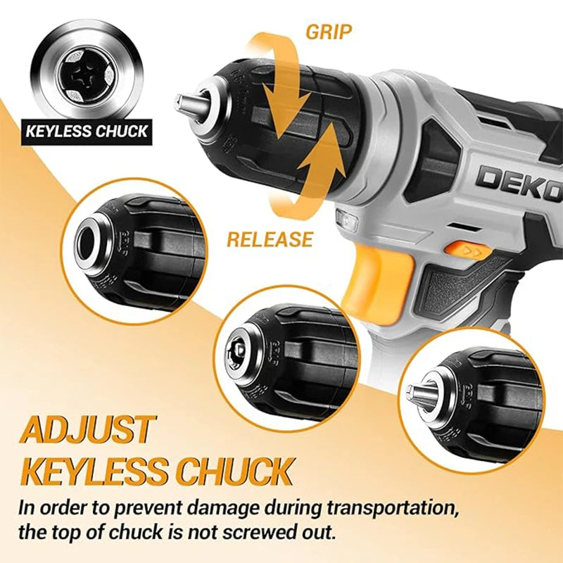 DEKO Cordless Drill Driver Set With Keyless Chuck LED Light