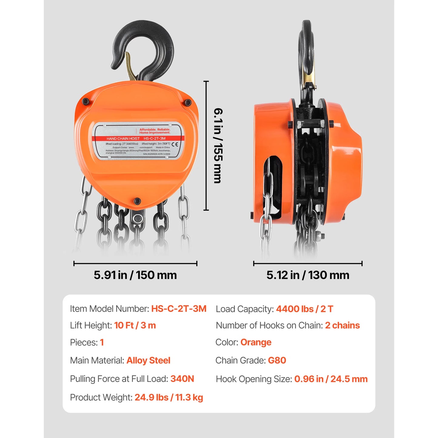 SucceBuy Hand Chain Hoist Manual Chain Block with Upgrade G80 Galvanized Chain 10 ft/20ft Lifting Height Pulley Hoist for Garage