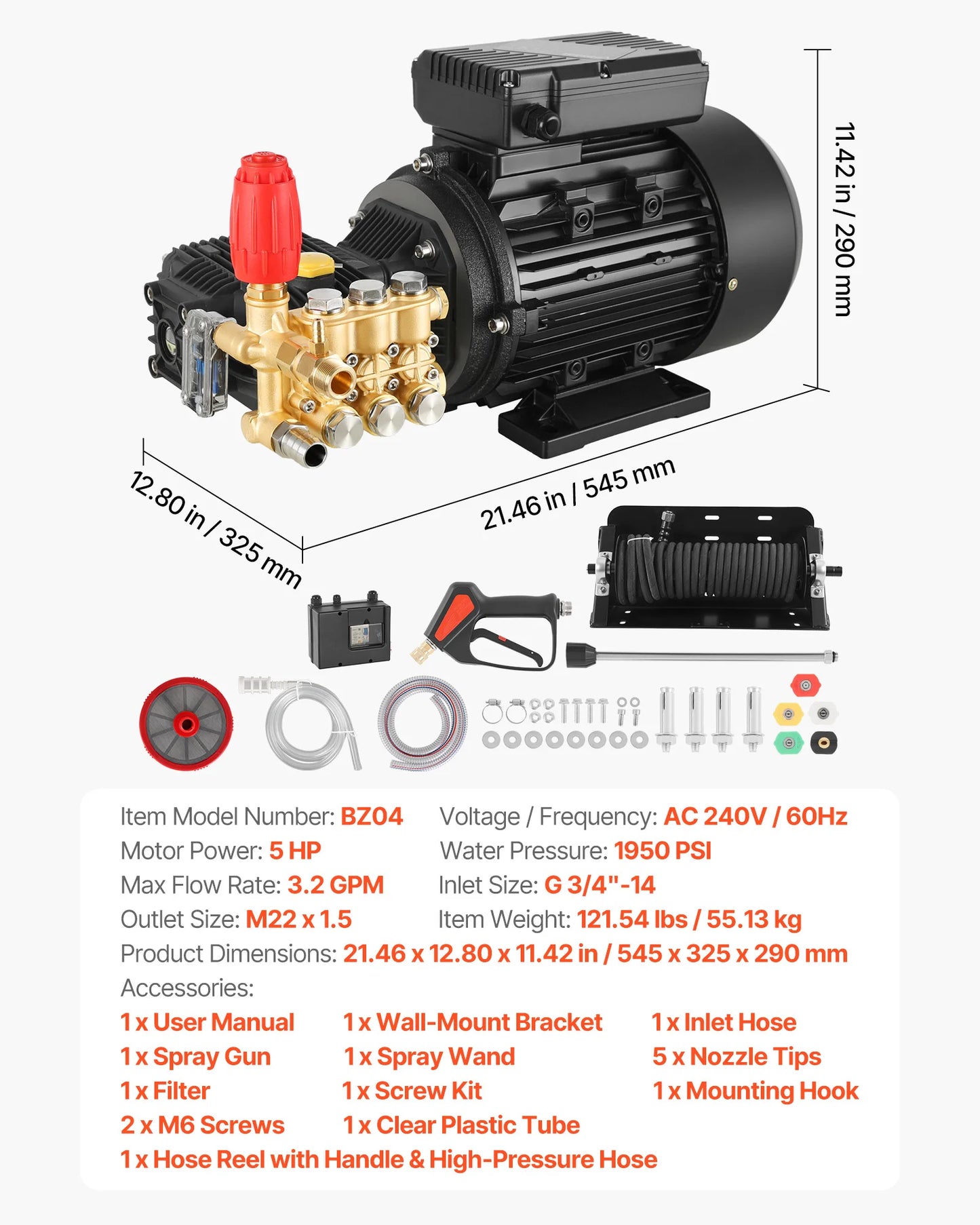SucceBuy Electric Pressure Washer Pump Kit 1220/1950 PSI 2.2/3.2 GPM Triplex Power Washer Pump with Motor for Washing Car Garden