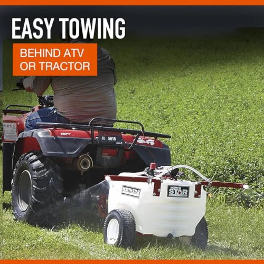 Tow-Behind Trailer Boom Sprayer 21-Gallon Tank 2.2 GPM 12V DC 70 PSI Spring-Loaded Breakaway Boom NSQ Series On-Demand Pump Sil