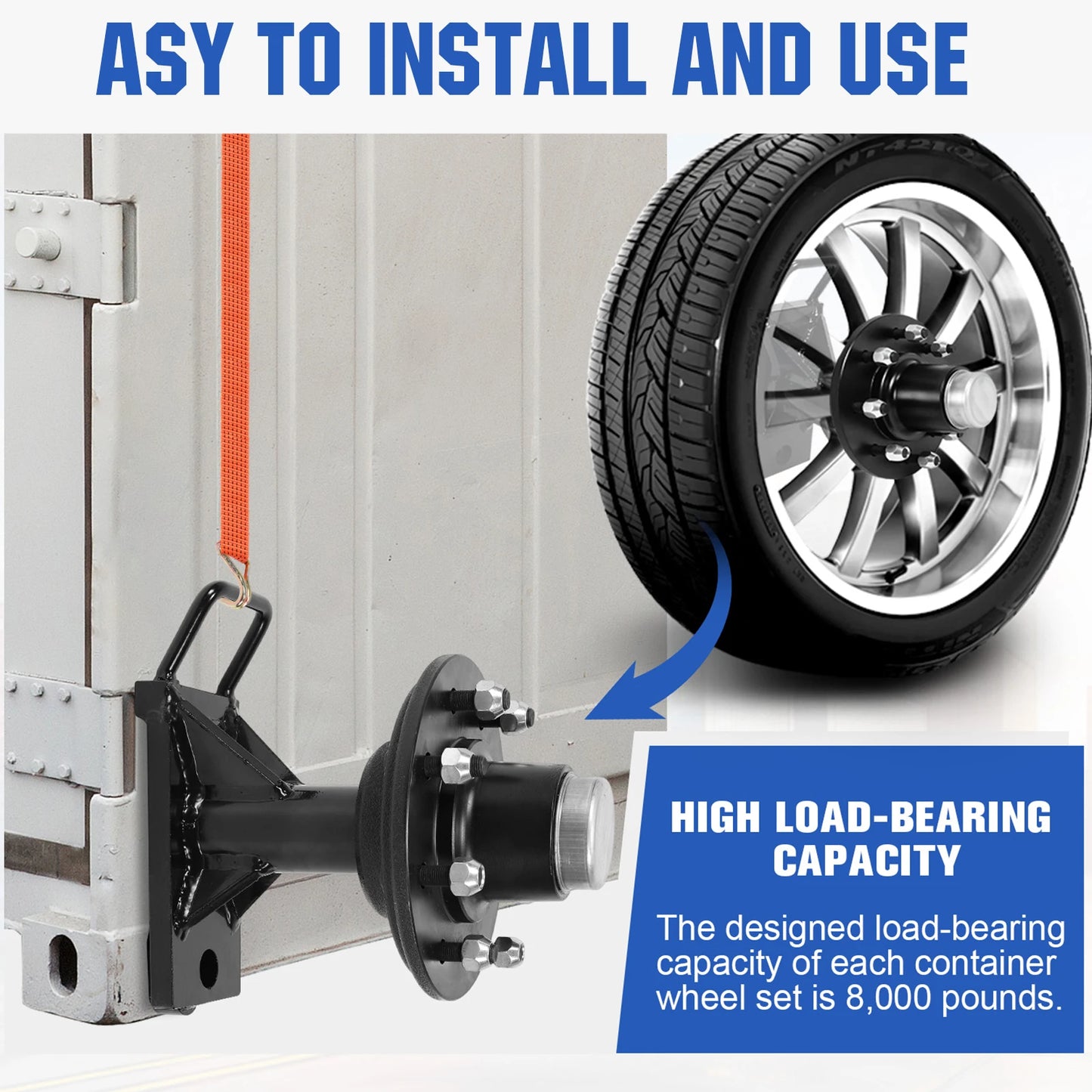2 Pack Shipping Container Wheels 8x6.5 Lug with Ratchet Strap Tie Down J Hook Shipping Container Accessories Quick Disassembly