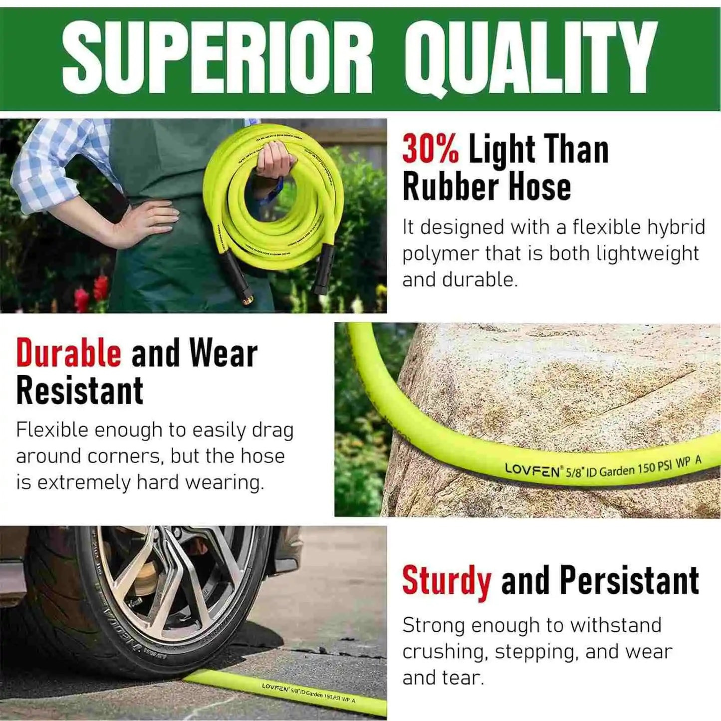 25/50/75/100FT Premium 5/8' Durable EPDM Rubber Garden Hose Heavy Duty Crush Proof ZillaGreen With Sprayer Nozzle Gun