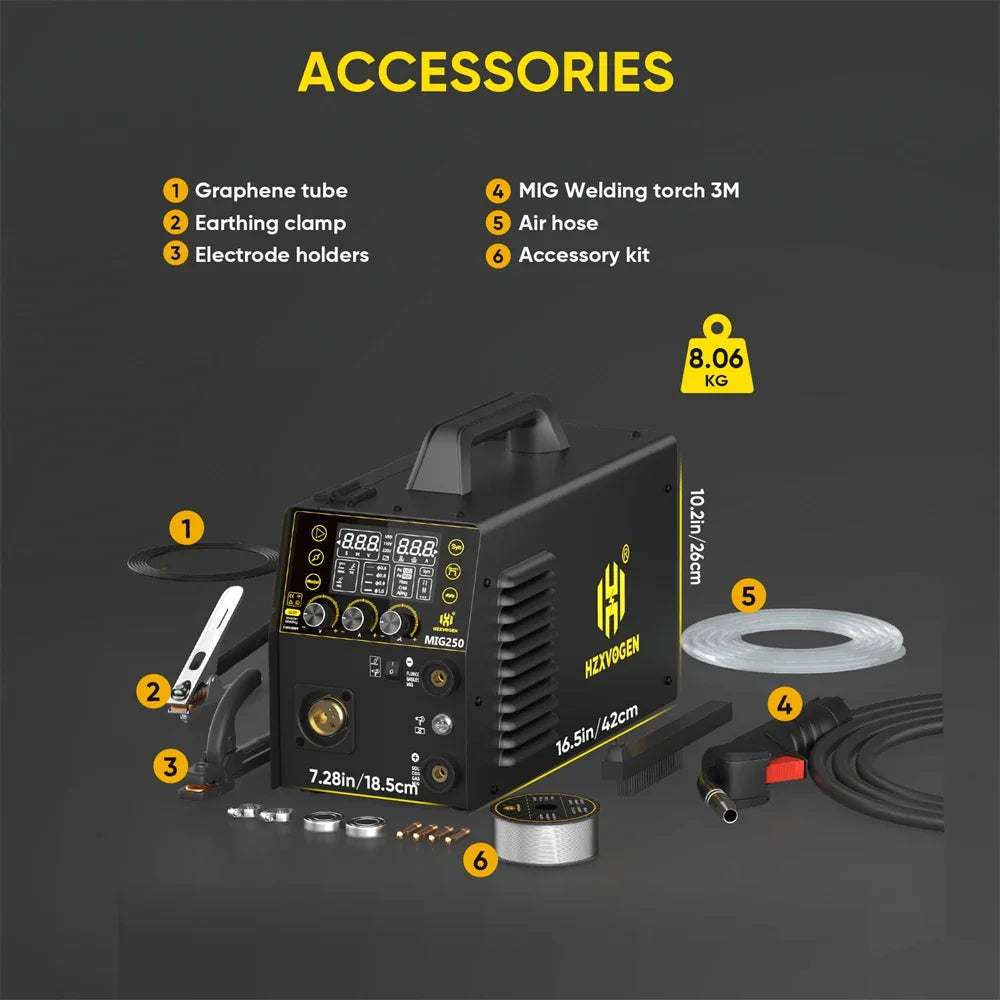 HZXVOGEN MIG250 5 in 1 Aluminum Welder 250A 220V MMA/MIG/Lift TIG/Stick Digital Semi-automatic Inverter Welding Machine Gas Gasless Welder