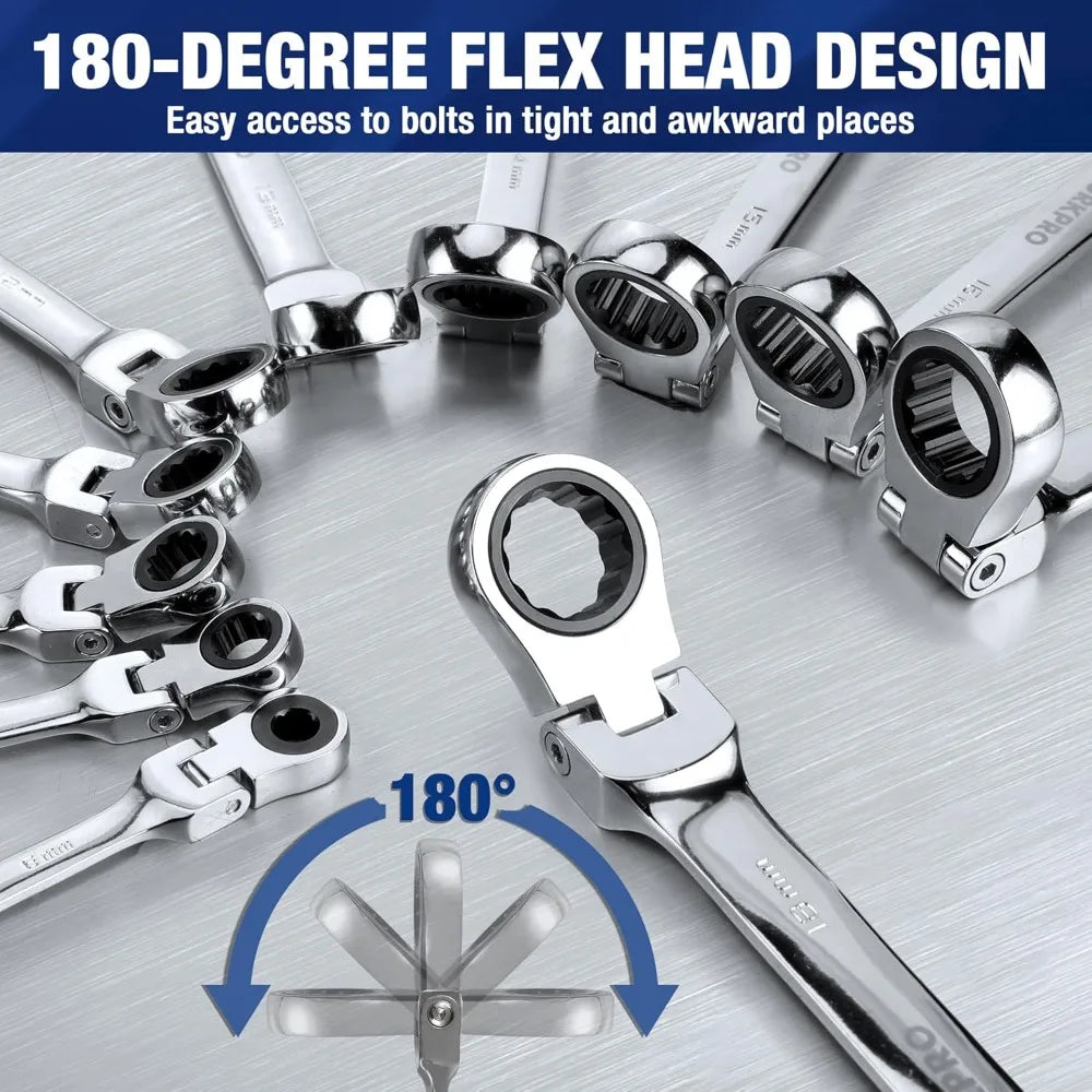 22-Piece Ratcheting Wrench Set, Flex-Head Combination Wrenches with Organizer Case, 72-Tooth, Metric & SAE