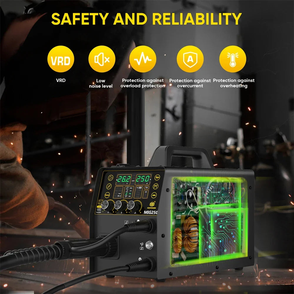 HZXVOGEN MIG250 5 in 1 Aluminum Welder 250A 220V MMA/MIG/Lift TIG/Stick Digital Semi-automatic Inverter Welding Machine Gas Gasless Welder