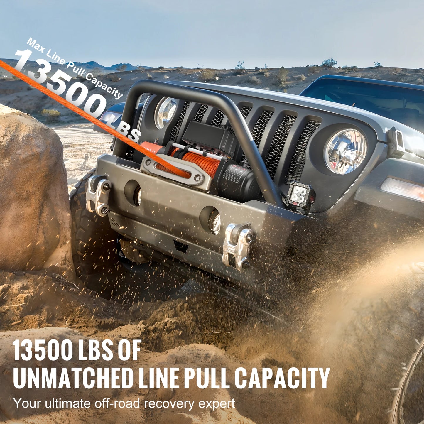 SucceBuy 13500lbs Electric Winch Car Truck Winch with 80ft Synthetic Rope Wireless & Wired Remote Control for Towing Off-Road