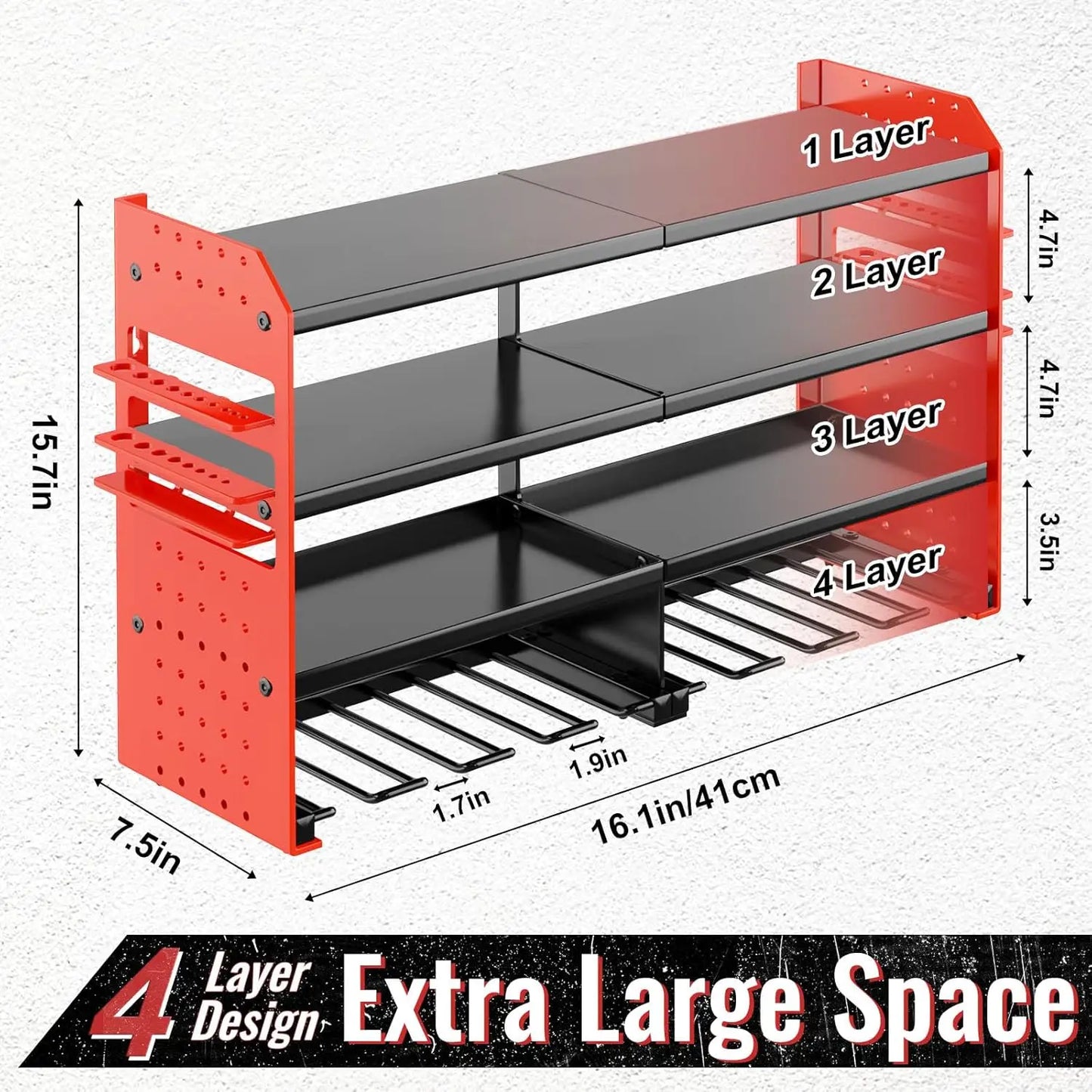 Metal Power Tool Organizer Wall Mount with Screwdriver Holder, Garage Storage Shelves for Drills and Pliers in Red