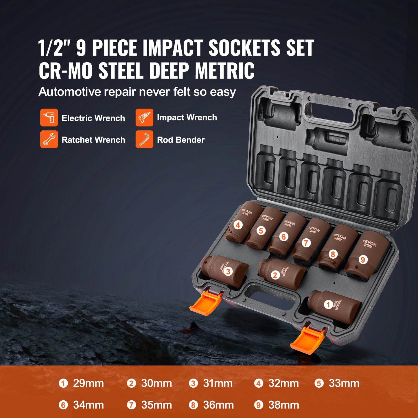 SucceBuy 1/2" Drive Impact Socket Set 9/11 Piece Deep Socket Set SAE Metric Cr-Mo Cr-V Steel for Auto Repair Ratchet Tool Kit