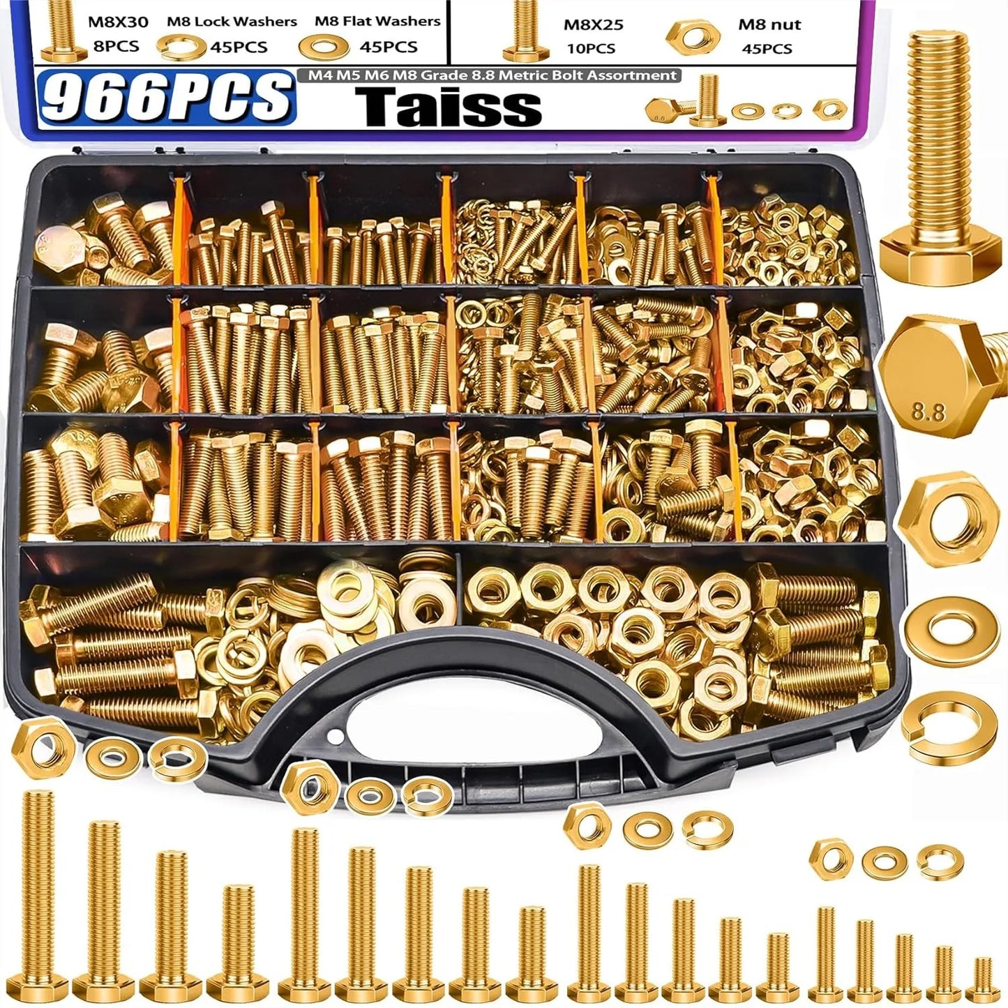 Grade 8.8 Metric Bolt Assortment Kit, 966Pcs M4 M5 M6 M8 Bolts and Nuts with Washers, Heavy Duty Hex Bolts Set with Handheld Box