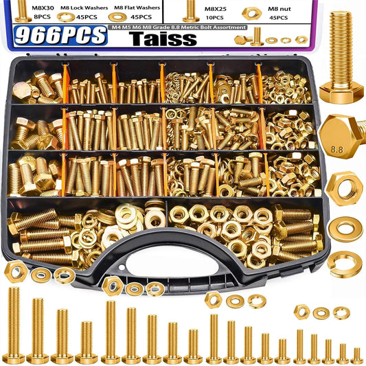 Grade 8.8 Metric Bolt Assortment Kit, 966Pcs M4 M5 M6 M8 Bolts and Nuts with Washers, Heavy Duty Hex Bolts Set with Handheld Box