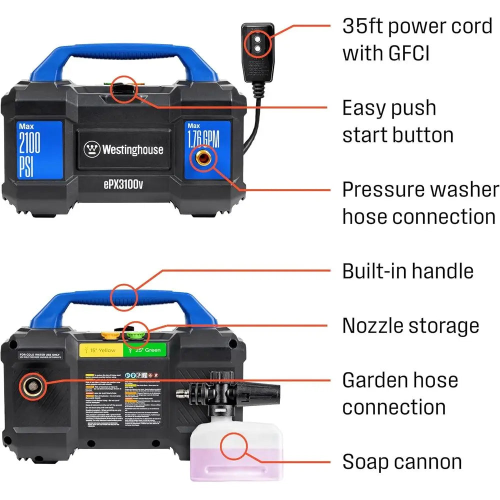 2100 PSI Electric Pressure Washer, 1.76 GPM, Portable Handle, Detachable Soap Cannon, Steel Wand, 3-Nozzle Kit for Cars, Surface