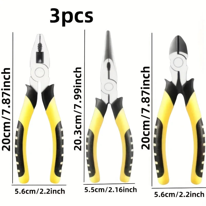 Set of 3 Pliers, 8 Inches Each, Designed for Industrial Use. These Versatile Tools Include Wire Cutters, Needle-Nose Pliers, And