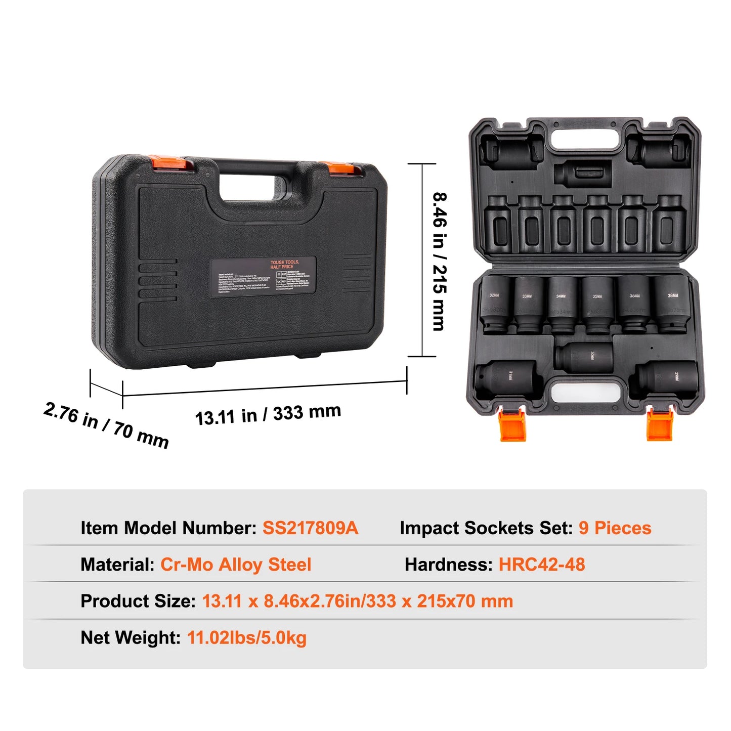 SucceBuy 1/2" Drive Impact Socket Set 9/11 Piece Deep Socket Set SAE Metric Cr-Mo Cr-V Steel for Auto Repair Ratchet Tool Kit