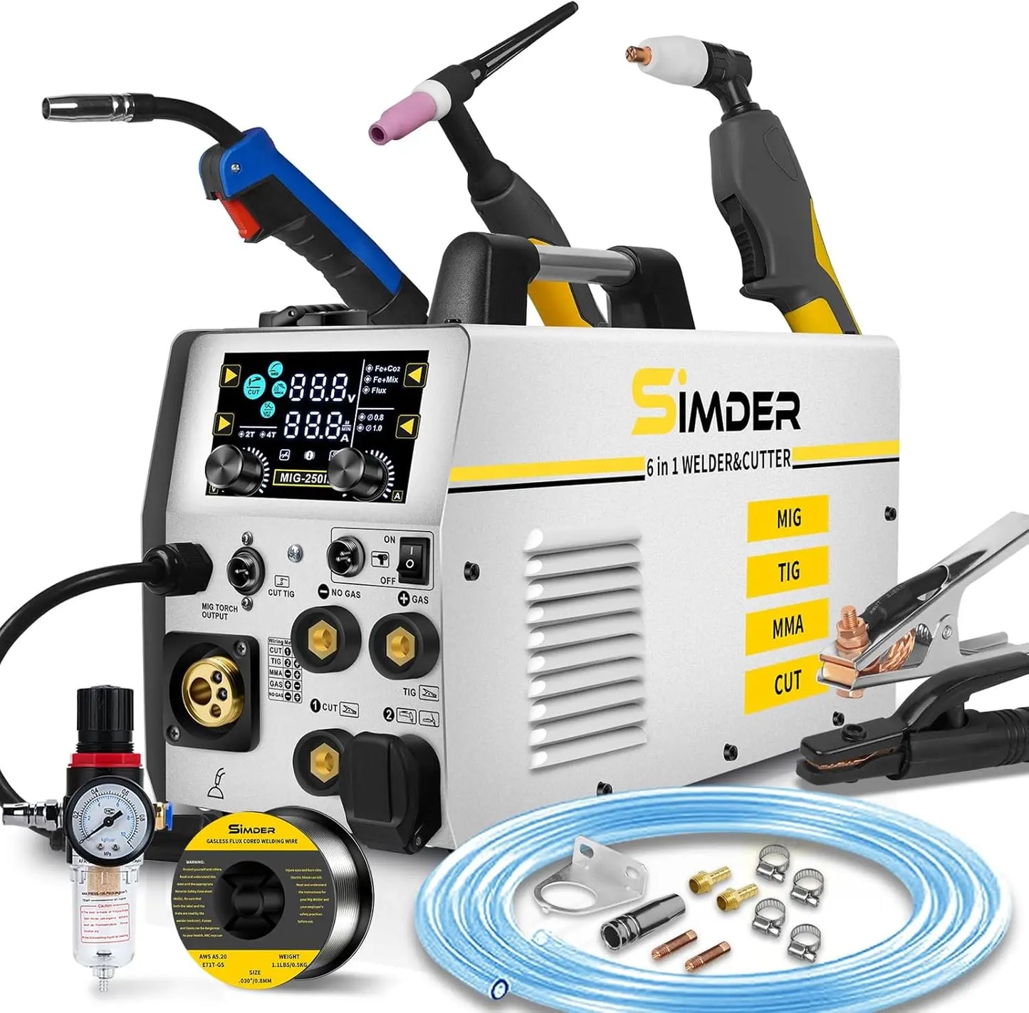 SSimder 6 in 1 MIG Welder Plasma Cutter 160A Gas MIG Flux Core Lift TIG Stick Cut Combo 110V 220V 35A Air Cutting for Auto