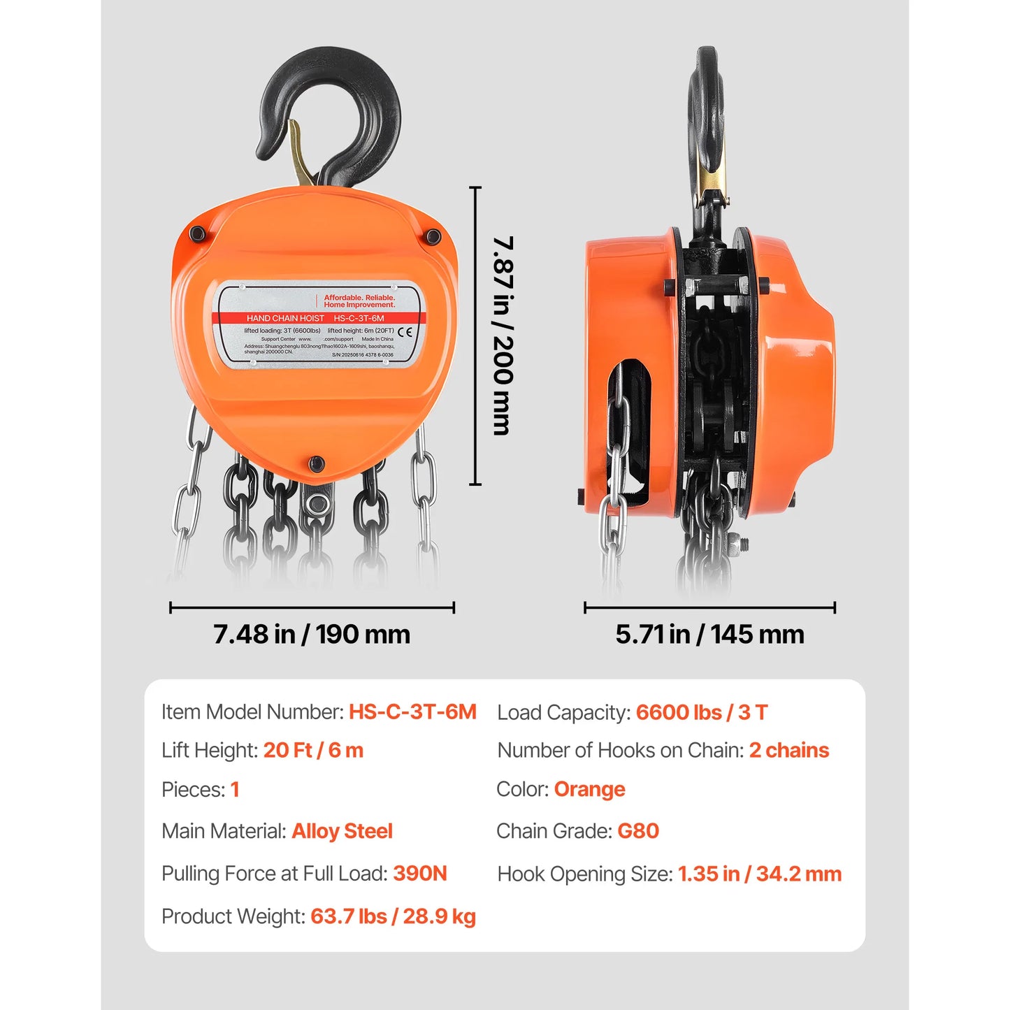 SucceBuy Hand Chain Hoist Manual Chain Block with Upgrade G80 Galvanized Chain 10 ft/20ft Lifting Height Pulley Hoist for Garage