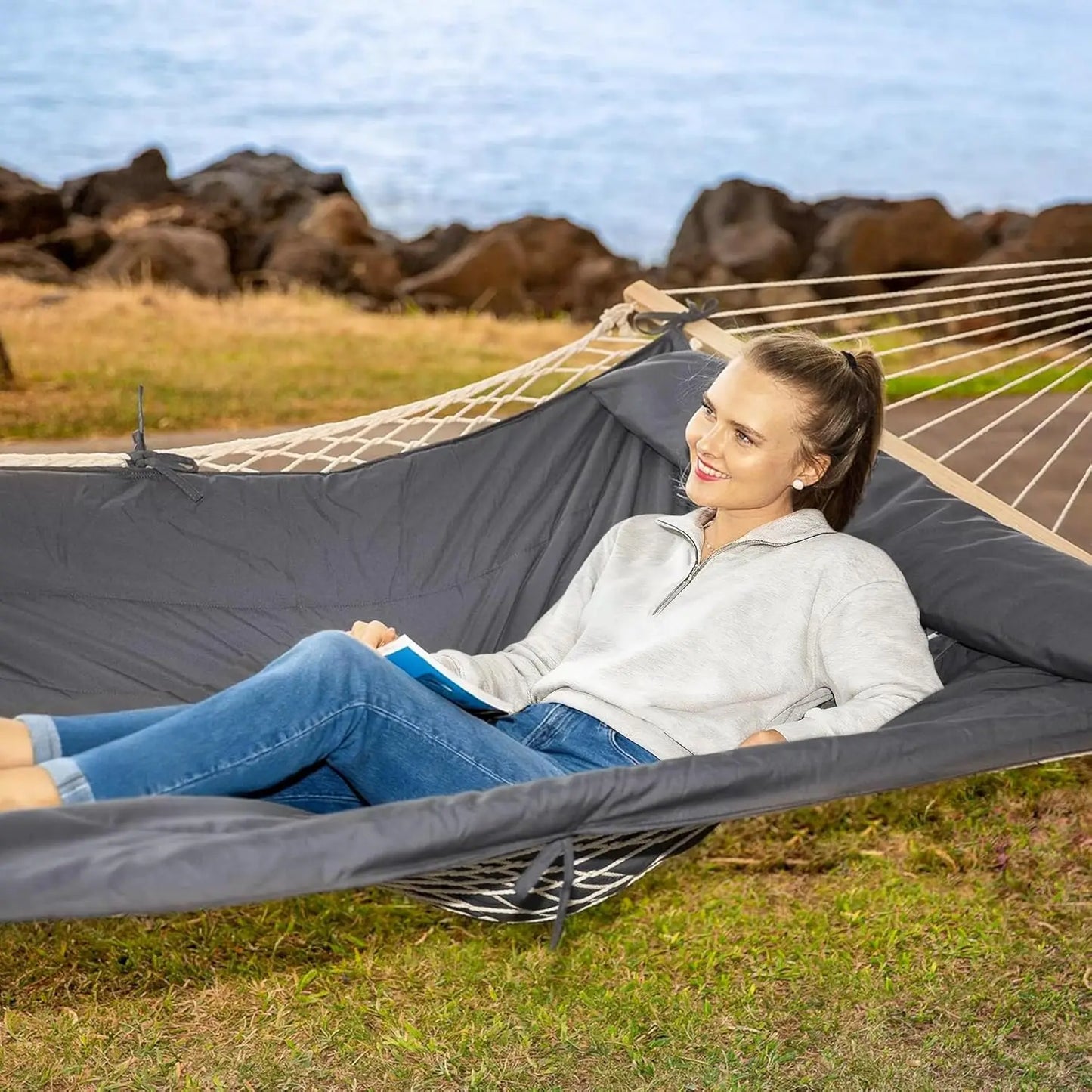 Two-person outdoor hammock for patio garden porch use in dark grey color