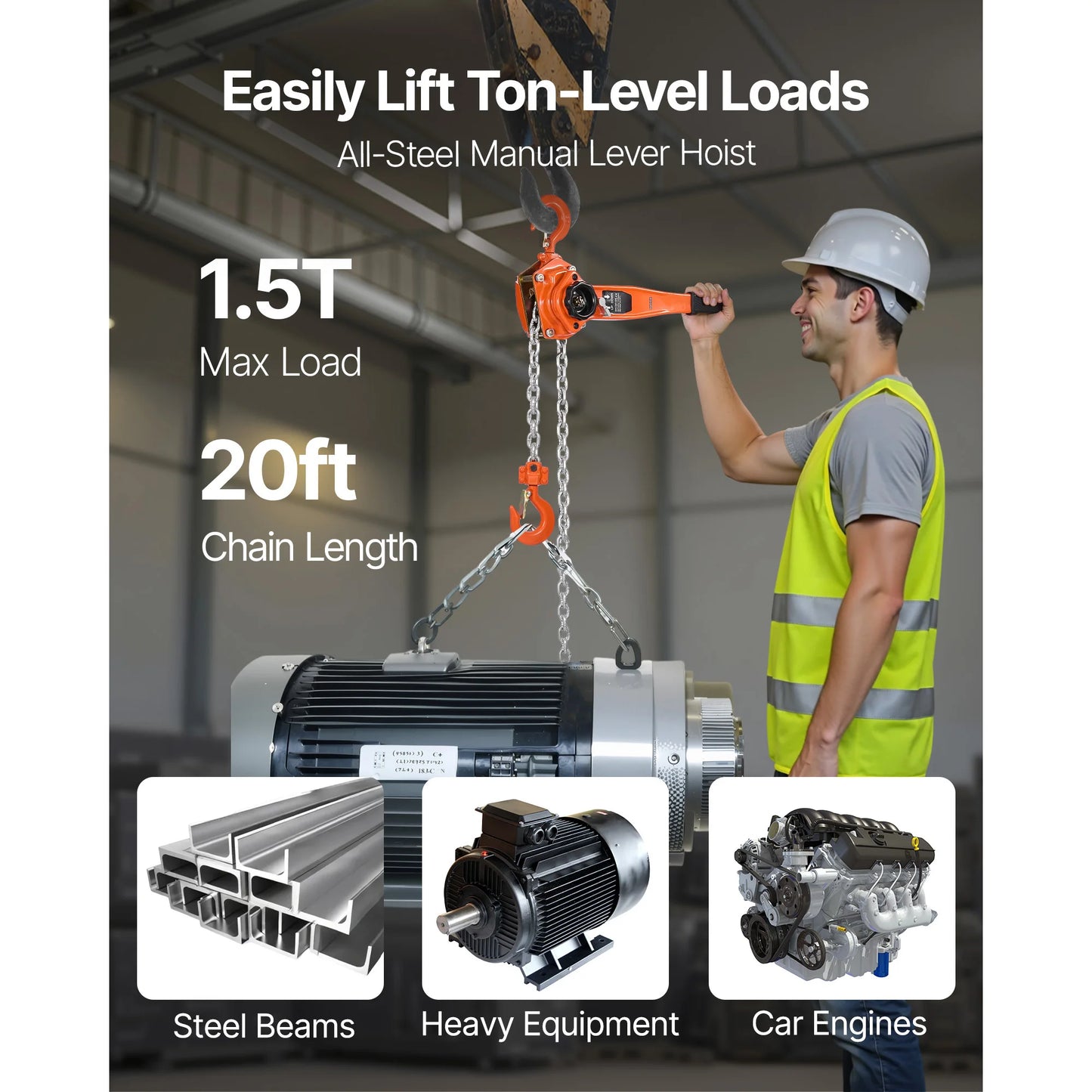 SucceBuy Manual Lever Chain Hoist 1-1/2T / 3T / 6T  Capacity Come Along 10FT/ 20FT Lift G80 Alloy Steel Chain 360°Rotating Hooks