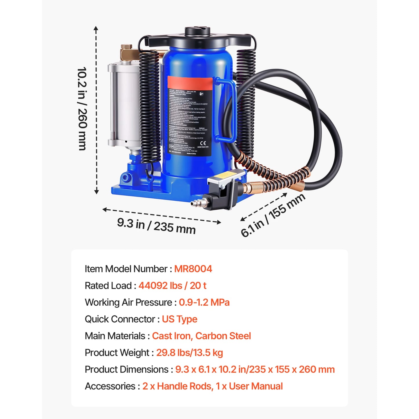 SucceBuy Air Hydraulic Bottle Jack 20 Ton 10.2-19.5 Inch Lifting Range Pneumatic/Manual Heavy Duty Welded with Pump for Car Blue
