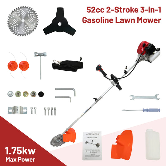 52cc 2-Stroke Gasoline Lawn Mower Gas String Trimmer 3-in-1 Adjustable Handheld Weed Eater with 4 Detachable Trimmer Heads