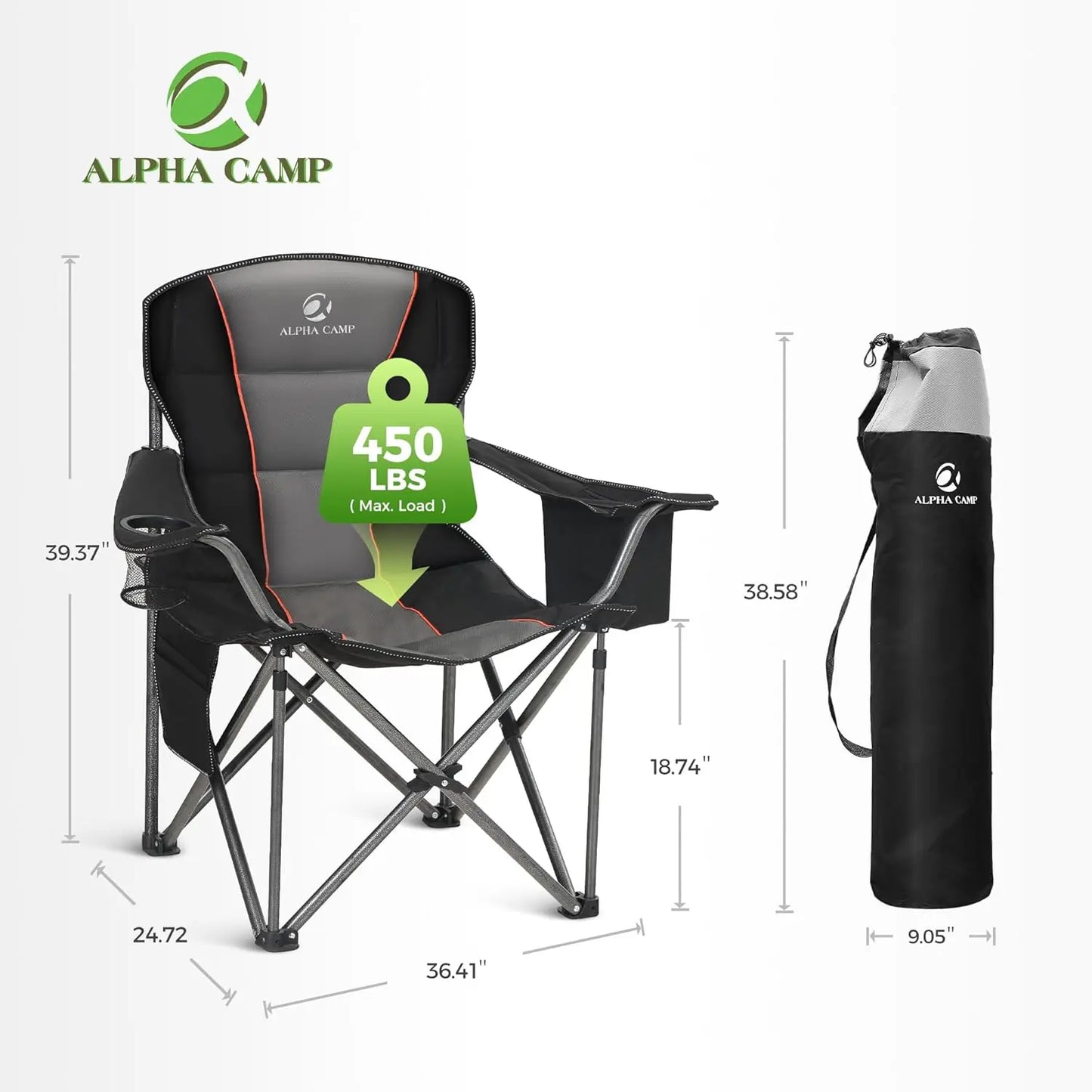 Heavy Duty Camping Chair 500LBS Capacity, Oversized Folding Chair for Heavy People, Padded Portable Outdoor Chair with Cooler Ba