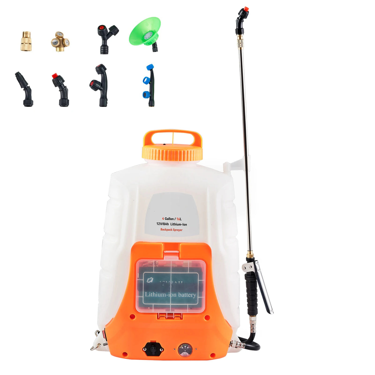 SucceBuy Battery Powered Backpack Sprayer Adjustable Pressure 4 Gallon Tank with 8/6Nozzles 2Wands for Weeding Spraying Cleaning
