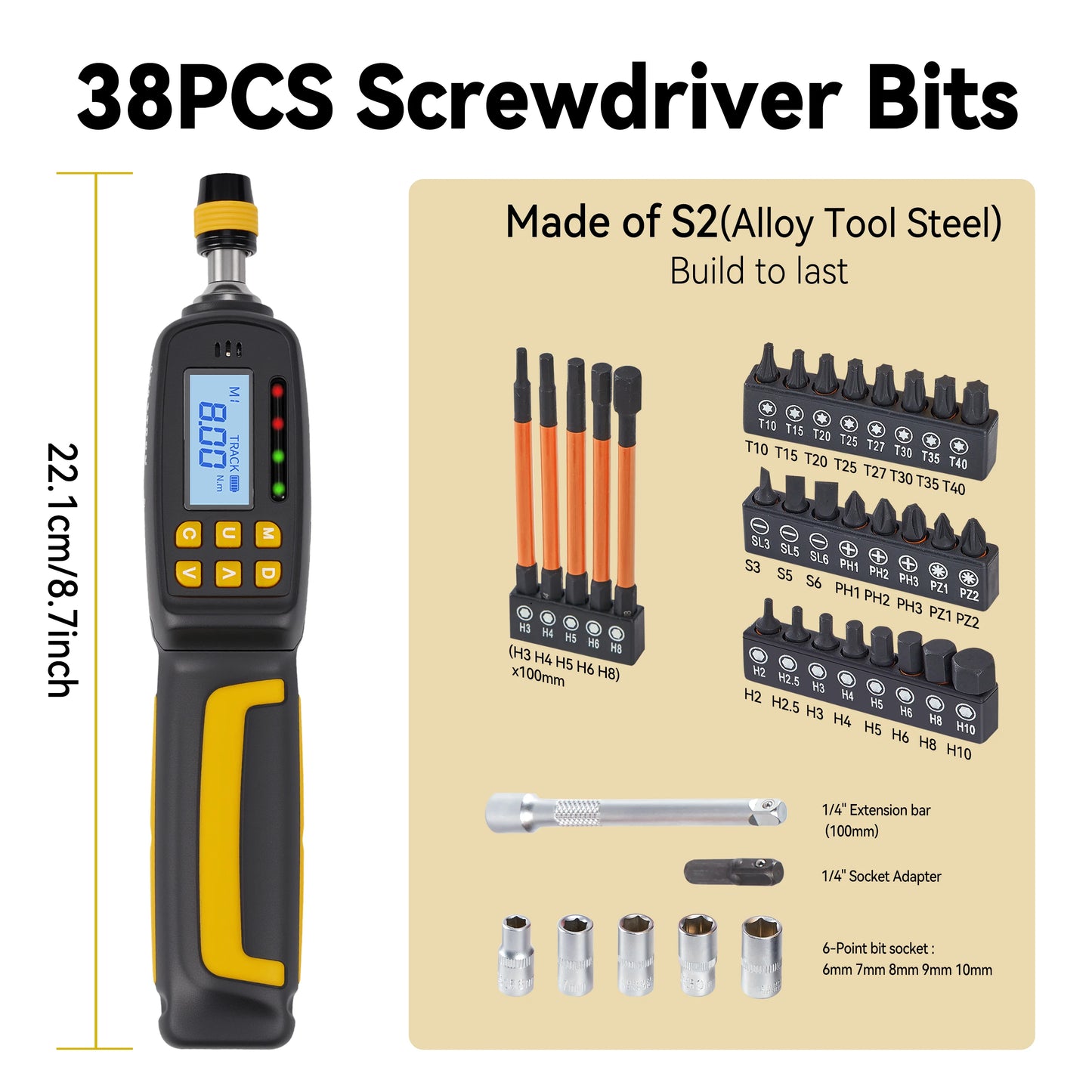 Digital Torque Screwdriver Kit 2.6-70.8 in-lbs Adjustable Torque Screwdriver 1/4" Drive 38PCS Bits & Sockets Set For Bike
