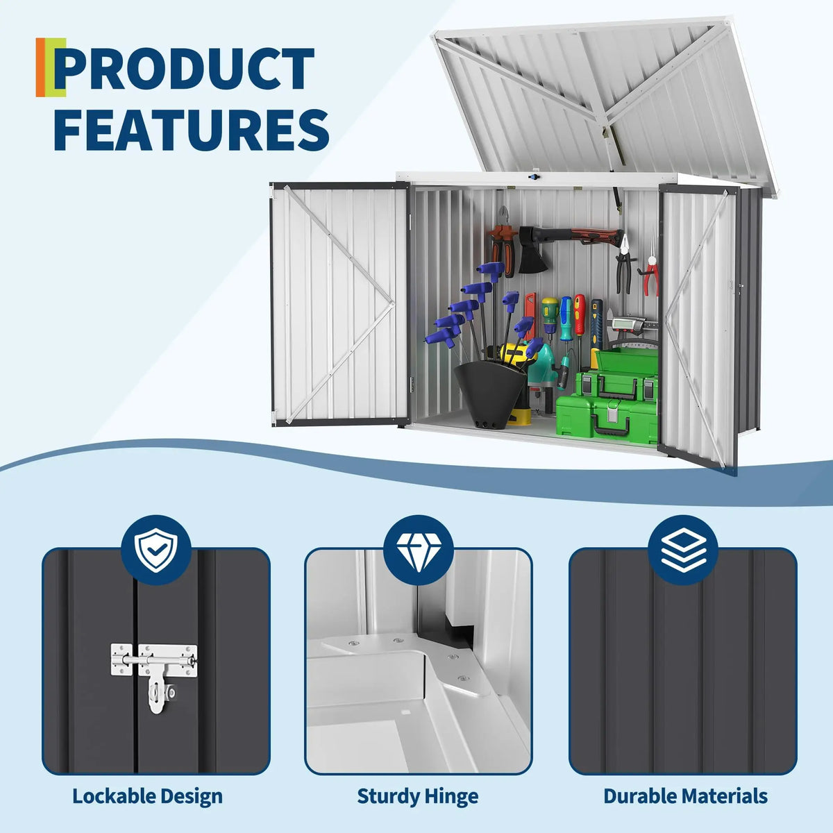 5.8 x 3.3 FT Outdoor Trash Storage Shed, 80 Cu Ft Galvanized Steel Garden Tool Cabinet With Sloped Roof, Latch & Gas Struts