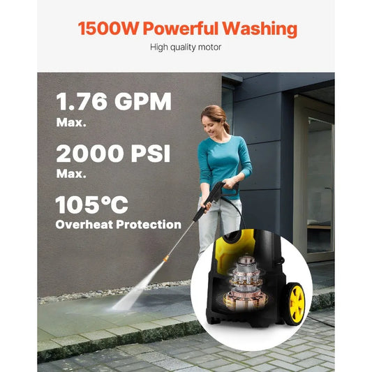 Electric Pressure Washer 2000 PSI 1.76 GPM with 30 ft Hose 5 Quick Connect Nozzles Foam Cannon Portable for Cleaning Patios Car