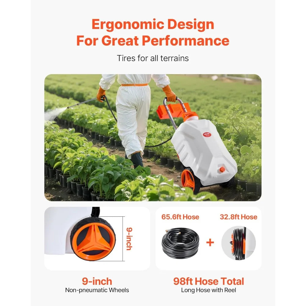 10 Gallon Electric Sprayer with Wheels, Adjustable 0-80 PSI Pressure, 98ft Hose & 5 Nozzles, Battery Powered for Garden Cleaning