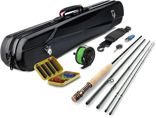4-Piece Carbon Fiber Fly Fishing Rod & Reel Combo with 12 Flies, Line, Case - Lightweight Starter Kit