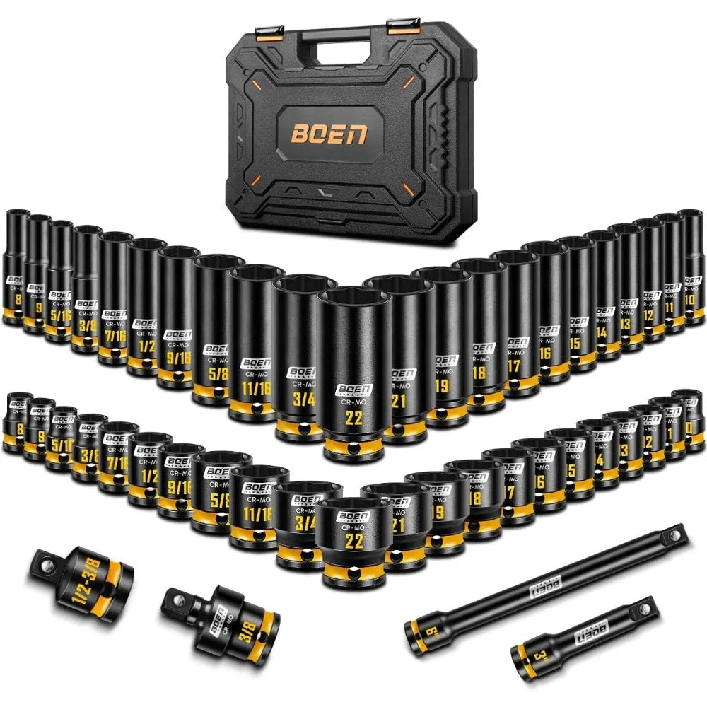 3/8' Drive Impact Socket Set, 48-Piece Metric & SAE Size (8-22mm & 5/16'-3/4'), 6-Point Deep