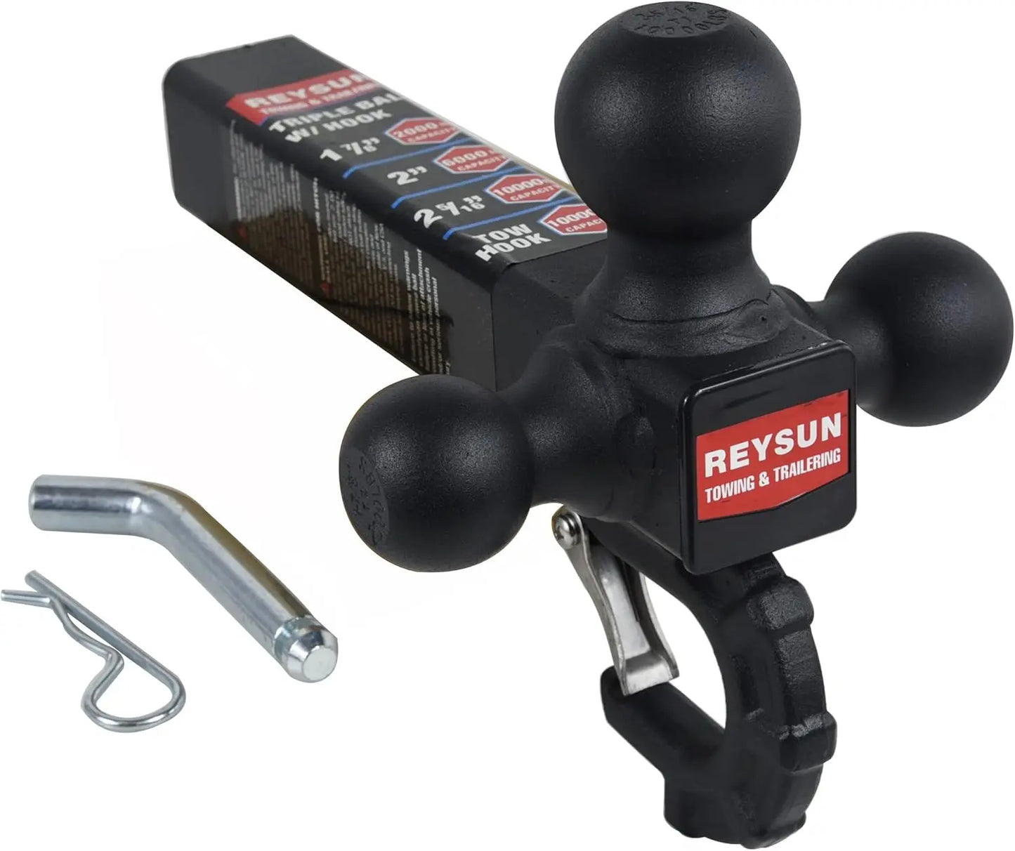 Tri-Ball Trailer Hitch with Hook: 3 Sizes in 1 Tow Ball, Fits 2-Inch Receiver, Self-Locking, 10,000 lbs Capacity, Matt Black