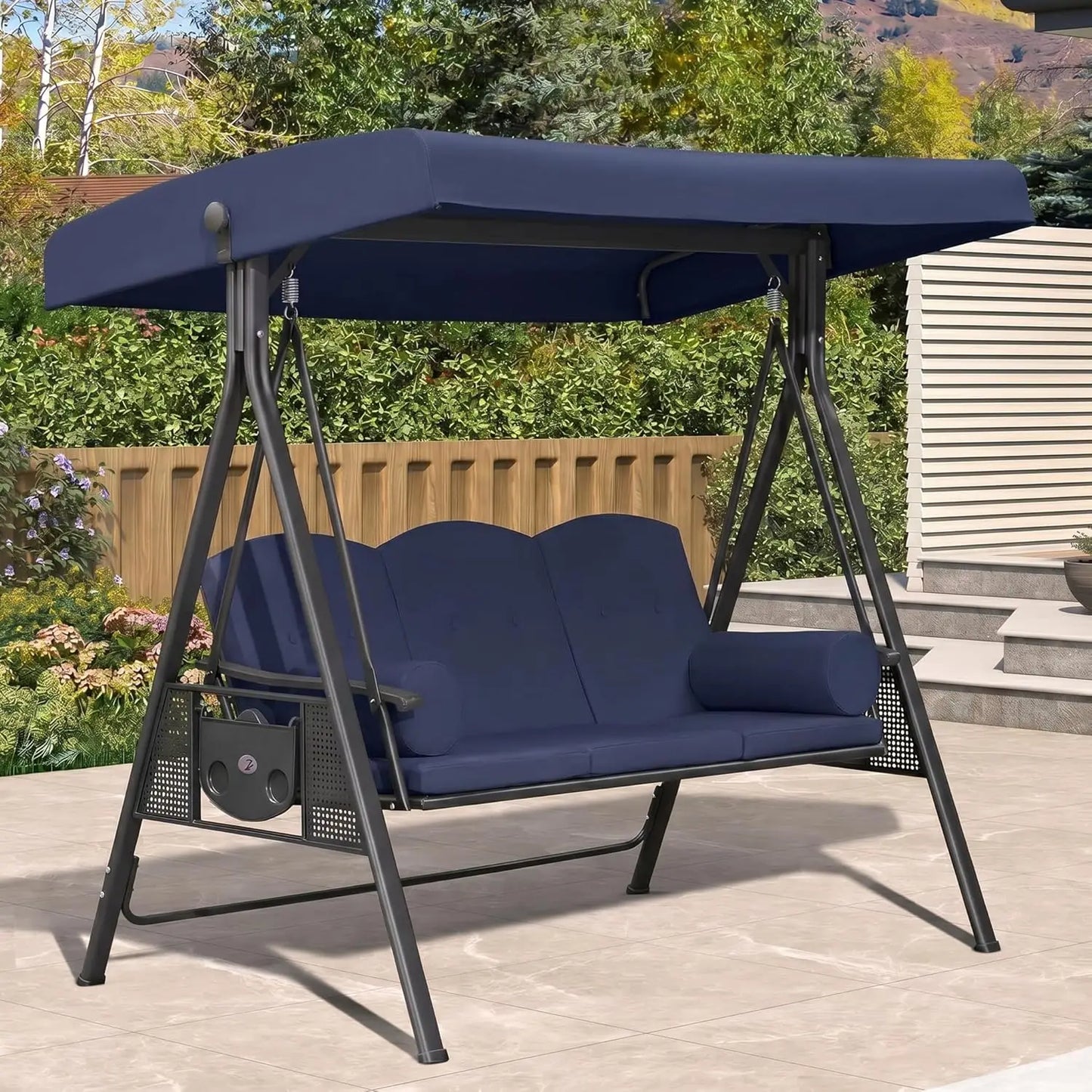Adjustable Canopy 3-Seat Outdoor Porch Swing Chair Bench with Cup Holder Cushion Pillow for Patio Backyard Lawn, Custom