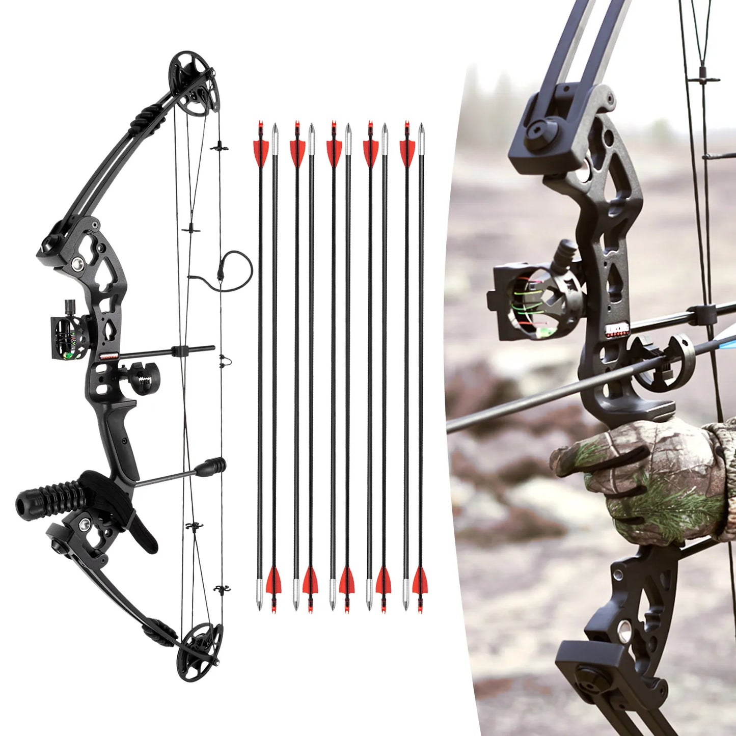 Right Handed Compound Bow Kit Adults and Teens Compound Bow Archery Hunting Equipment with 12 Arrows 30-55lbs Adjustable